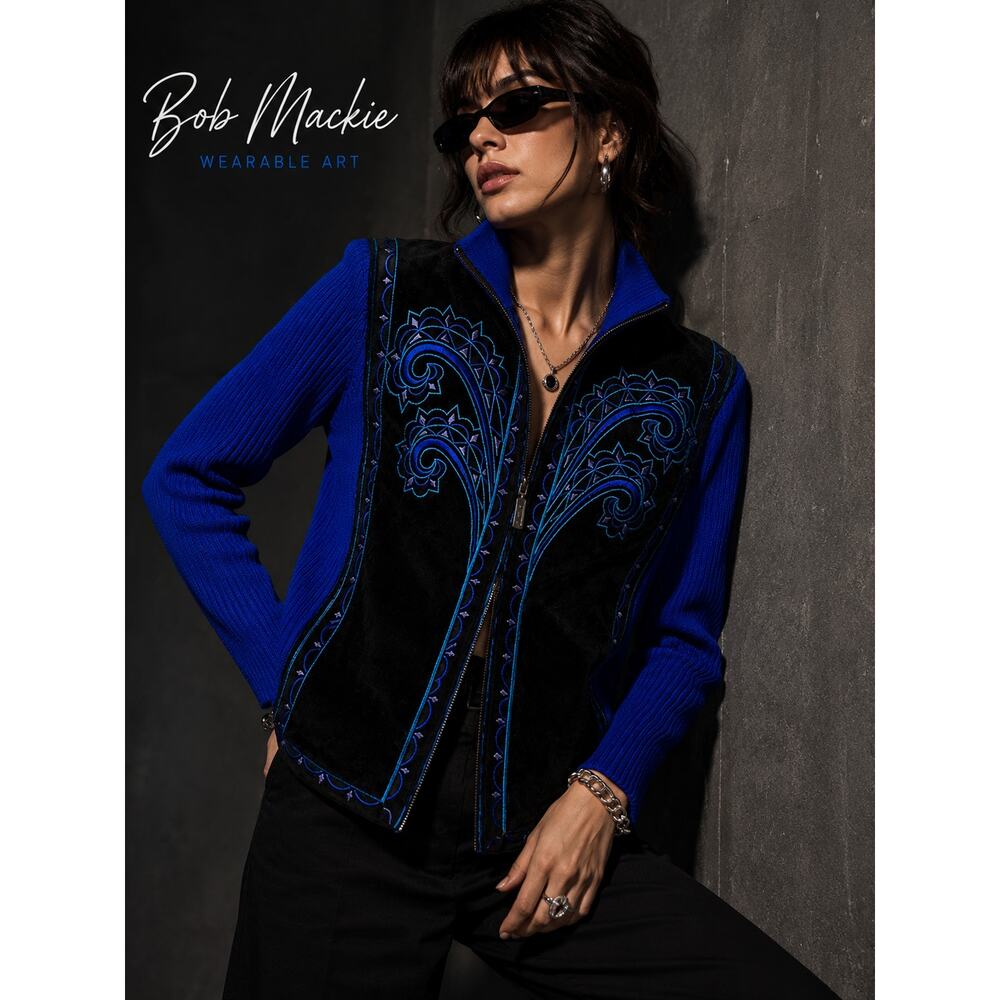 Vintage Bob Mackie Wearable Art Embroidered Suede Jacket Sweater